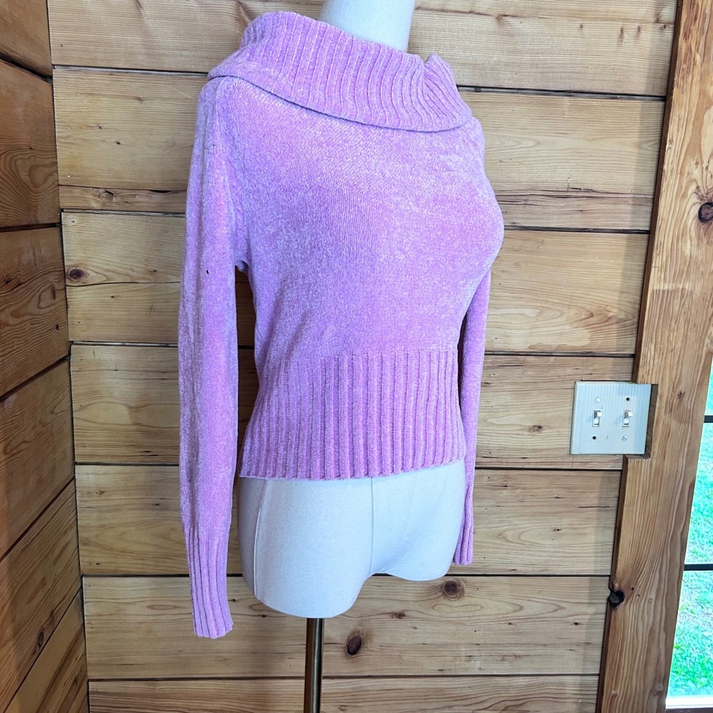 Vintage Chenille Velvet Cowl Neck Sweater Womens Large Lilac Y2K Plush WHO JEANS - Picture 2 of 6